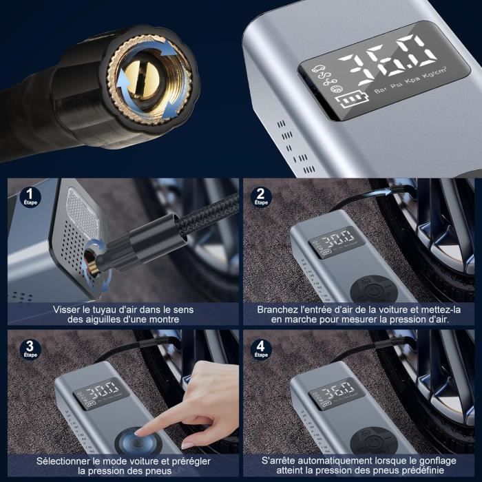 Mini Compresseur à Air Portatif HYCHIKA 12V - 6000mAh, écran LCD, 4 Modes, Pour Pneus Voiture, Vélo, Ballons