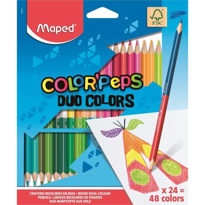 Maped - Crayons de Couleur Duo 2 en 1 Color'Peps - 24 Crayons de Couleurs FSC Double Mine Résistante pour 48 Couleurs