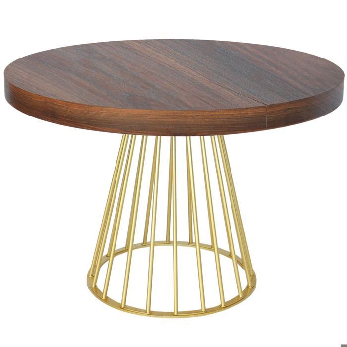 MENZZO Table ronde extensible Soare Bois Noisette pieds Or - table à manger L110 x P110 x H76cmAvec 1 rallonge : P110 x L160