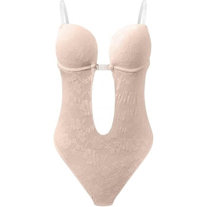 SHAPERIN Femme Body Sculptant Dos Nu Invisible Thong Bodysuit Gainant Ventre Plat Avec Push Up Soutien Gorge, Beige, S