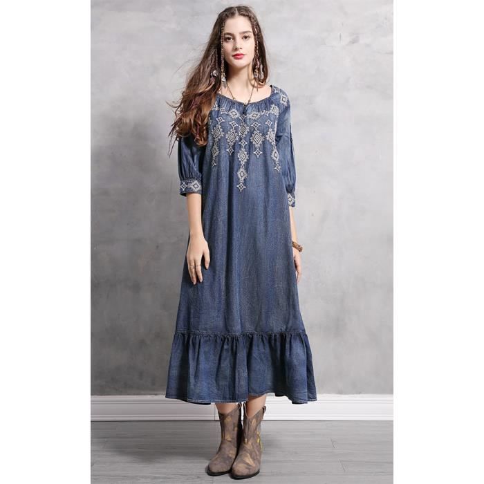 Robe longue en jean pour femme ?� manches mi-longues avec broderie r?�tro et volants-bleu Bleu 
