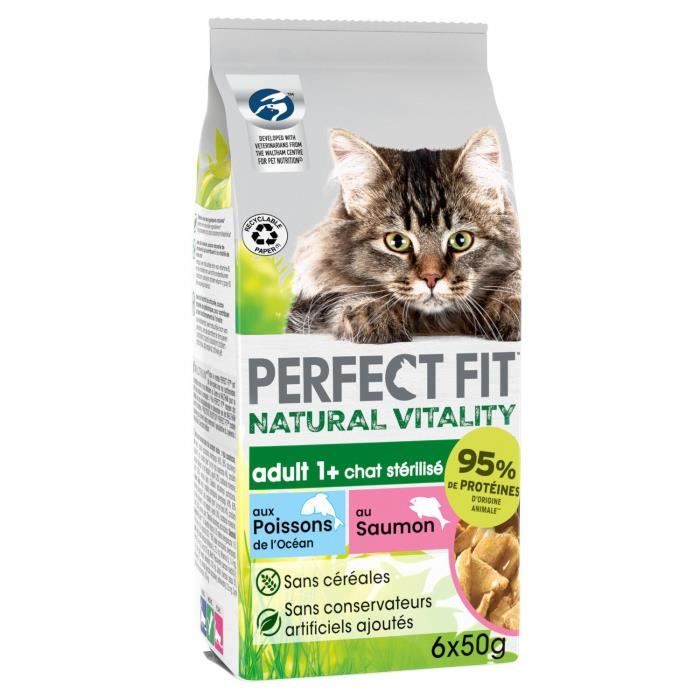 Meilleurs prix pour LOT DE 5 - PERFECT FIT - Natural Vitality chat Stérilisé Poissons Saumon Pâtée pour chat - boite de 6 sachets de 50 g