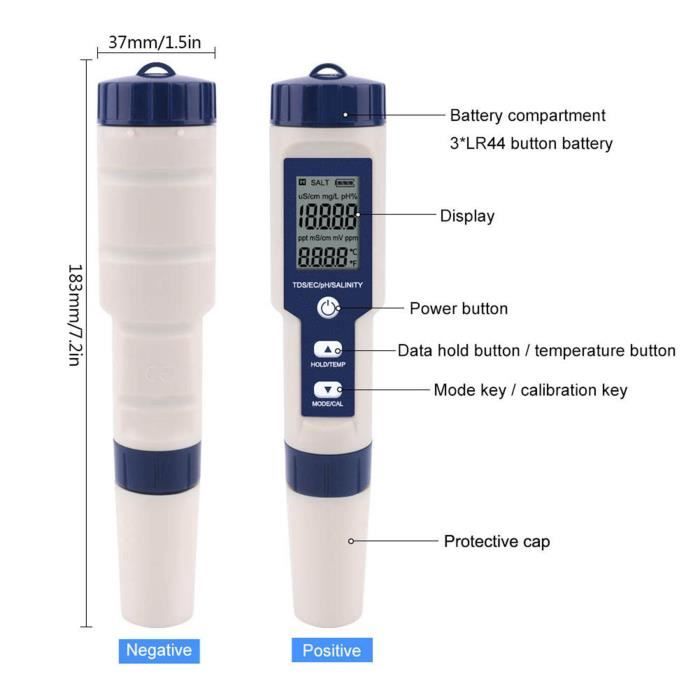 Testeur Qualité Eau 5 En 1 PH / Salinité / Température / TDS / EC - Mètre Portable Hydroponie