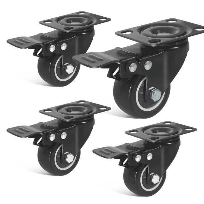 Lot De 4 Mini Roulettes Pivotantes Avec Frein - Tige Filetée M6, Caoutchouc TPE Silencieux - Pour Meubles, Chaises, Établi - 5