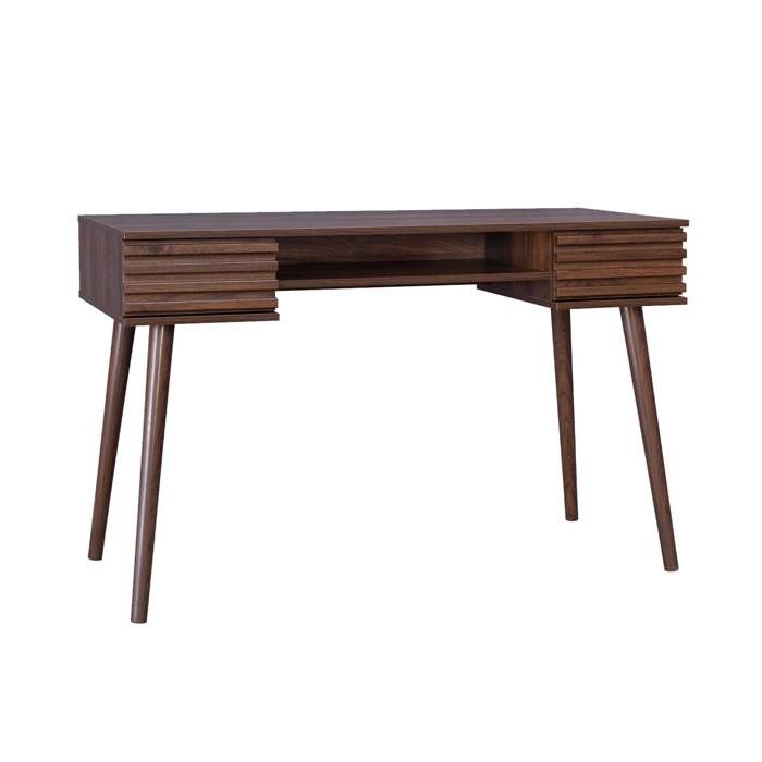 Bureau décor bois 2 tiroirs MADERE noyer. 1 casier. façade rainurées. 120 x 55 x 76.5 cm Bureau décor bois 2 tiroirs MADERE noyer. 1 casier. façade rainurées. 120 x 55 x 76.5 cm