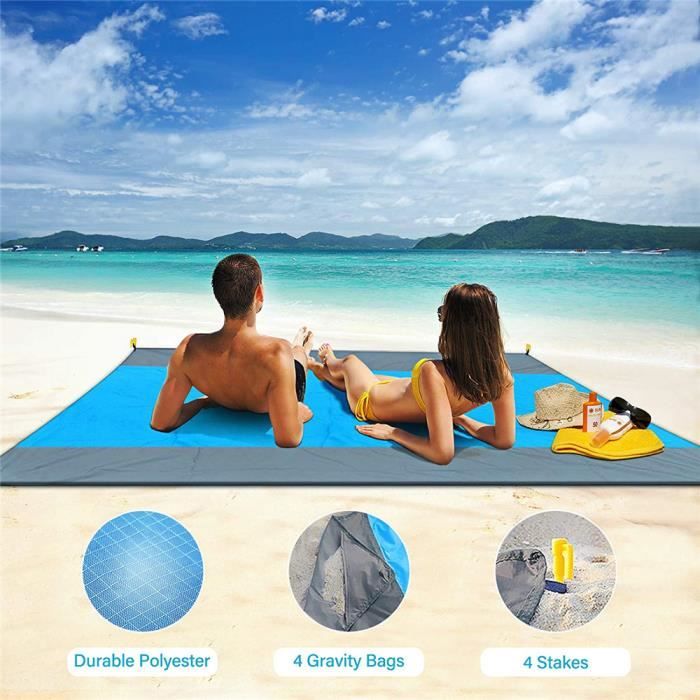 Tapis De Plage Anti-sable Imperméable 210x200 Cm - Léger, Avec 4 Piquets Et Sac - Pour Plage, Camping, Pique-nique - 12