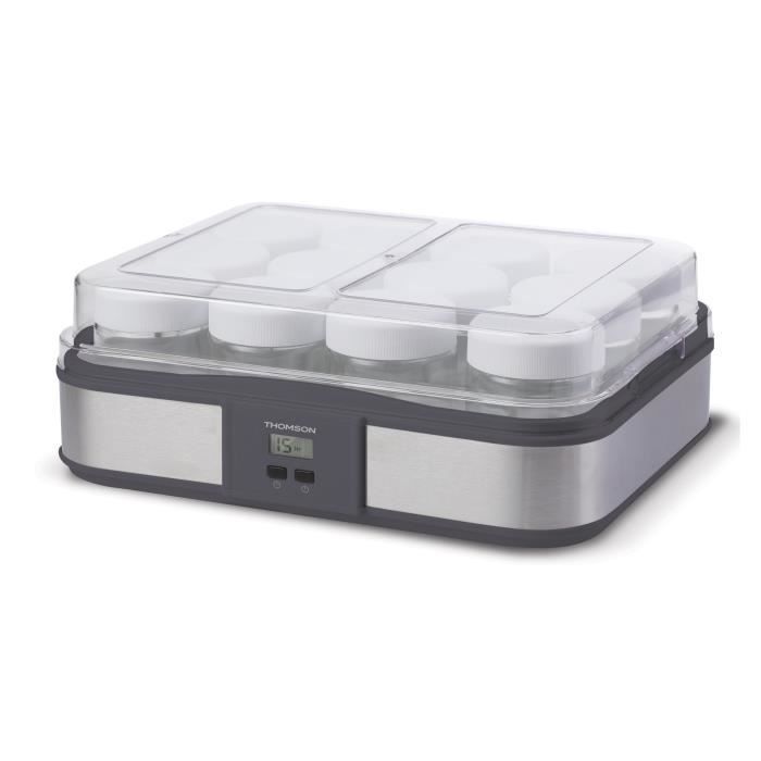 THOMSON - THYM912A - Yaourtière - 12 pots en verre - Ecran LCD - Minuterie (8h) - Couvercle transparent - Inox