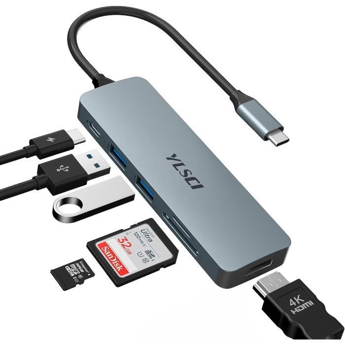 Adaptateur USB-C 7 en 1 HDMI Ethernet RJ45 Carte SD Micro SD 2 x
