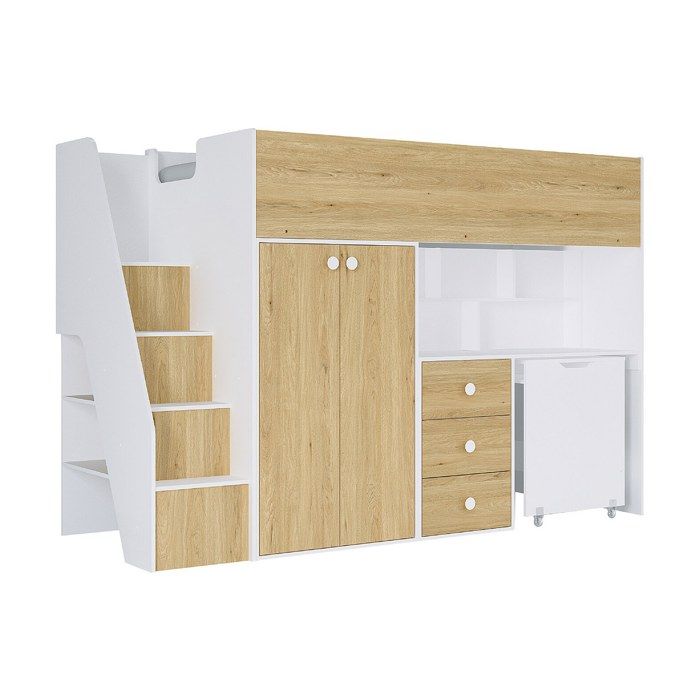 Lit mezzanine 90 x 190 cm avec armoire et bureau - Blanc et naturel - LANILATO