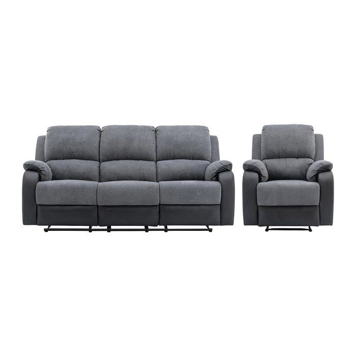 Canapé 3 places et fauteuil relax en microfibre et simili gris et noir BRODY