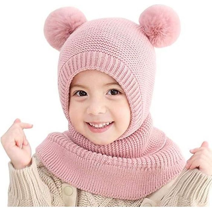 Xjydncg Cagoule Bebe Fille Garcon Mignon Bonnet Echarpe Hiver Chaud Cache Oreilles Chapeaux Tricote Enfant Double Pompon Rose Cdiscount Pret A Porter