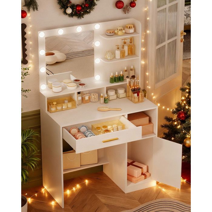 Coiffeuse Avec 10 Ampoules LED Et Prise USB/Type-C - Table Maquillage 5 Tiroirs Blanc Moderne | Rangement Cosmétiques Miroir Lumière Réglable - 2