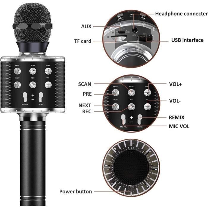 Microphone Karaoke Sans Fil,Micro 4 En 1 Karaoké Bluetooth Portable,Led
