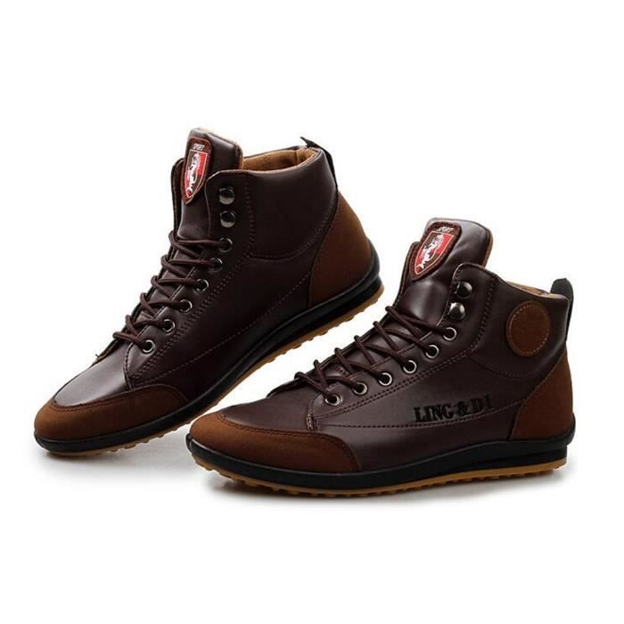 Basket Chaussures Montantes Confort Homme Skate Shoes Marron Cuir Lacets Respirantes