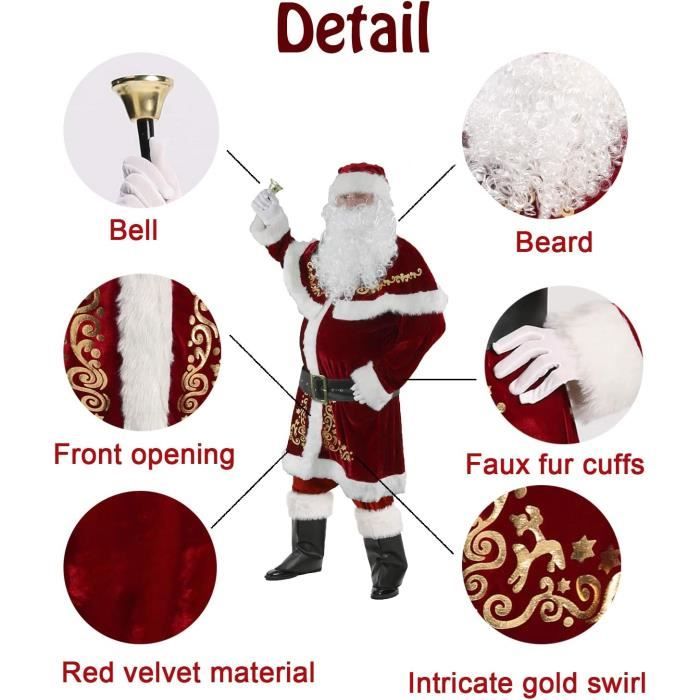 Costume Complet Père Noël Adulte Luxe – Déguisement Velours Rouge Avec Accessoires