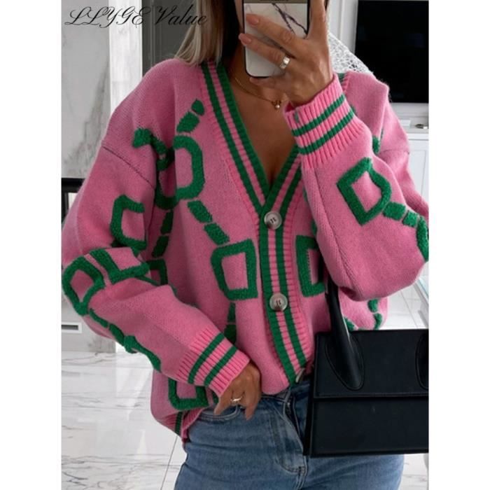 Gilet Cardigan Femme Cardigan Raye Rose et Vert pour Femme Pull Tricote Ample avec Encolure en V et Boutons Style 10207 green Blanc Cdiscount Pret a Porter
