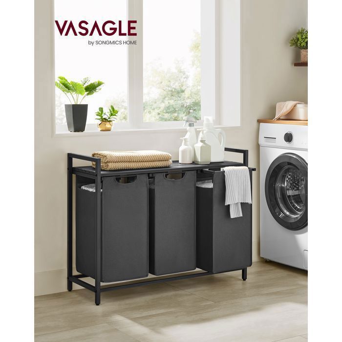 Panier à Linge 3 Compartiments Avec étagère – Capacité Totale 150L, Sacs Oxford Amovibles, Poches Latérales, Cadre Acier Et MDF
