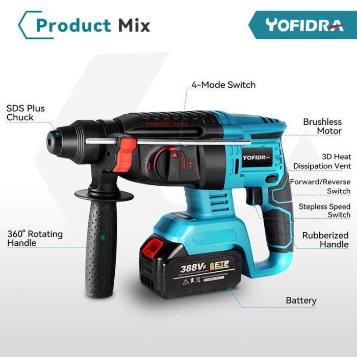 Marteau Perforateur SDS-Max 1500W Yofidra - Sans Fil, 3J, 2 Batteries 3.0Ah - Pour Béton, Pierre, Démolition