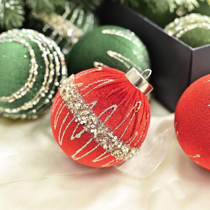 Lot De 12 Boules De Noël En Velours - Rouge, Kaki, Beige, Vert - Décoration Sapin, Intérieur/Extérieur