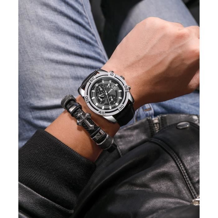 Montre Homme Anigo - Cadran Noir, Boîtier Argenté & Bracelet Noir - Neuf Avec étiquettes