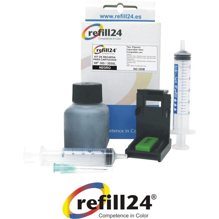 Refill24 Kit De Recharge Pour Cartouches D'encre HP 302/302 XL Avec Flacons D'encre