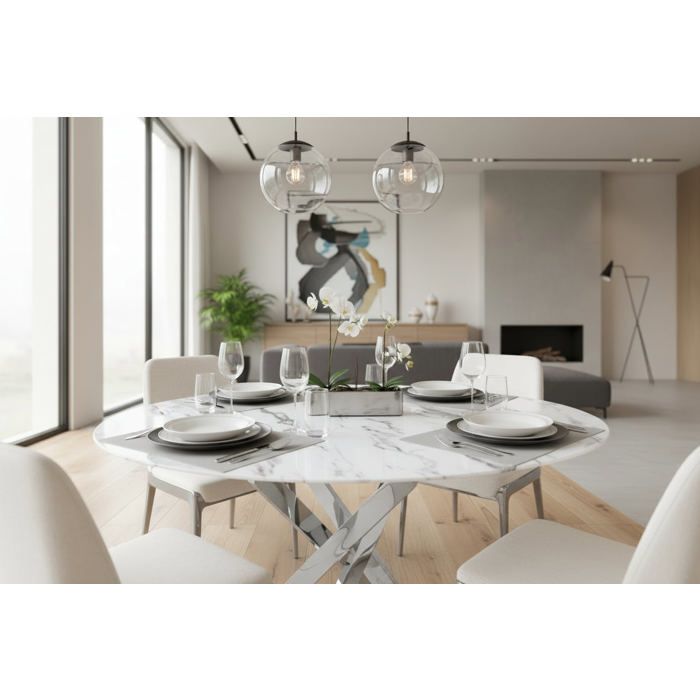Table à manger ronde JESSICA MARBRE BLANC pieds chrome 100 cm 4 ...