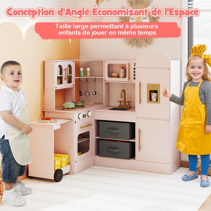 Costway Cuisine de Jeu en Bois pour Enfants Cuisine de Jeu d'Imitation avec Sons Réels Lumières Rose