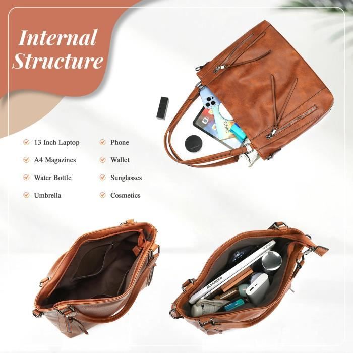 VINBAGGE Sac Main Femme 2 Pièces En PU - Fourre-tout Et Pochettes Assorties Brun