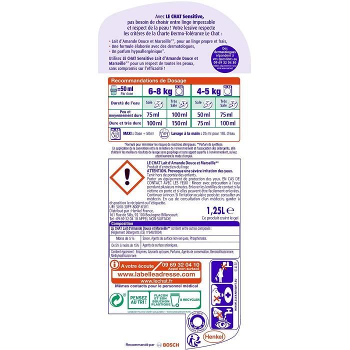 Le Chat Sensitive – Lessive Liquide Hypoallergénique – 100 Lavages (4 x  1.25L) – Savon de Marseille & Lait d'Amande Douce71 - Cdiscount  Electroménager