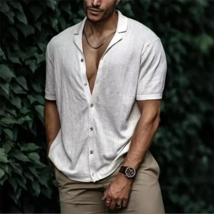 Chemise Vintage a Col Rabattu et Boutonnee pour Homme Couleur Unie Jaune Manches Courtes Blanc Cdiscount Pret a Porter