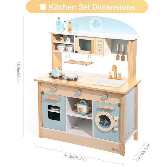 Cuisine Bebe 1 An Cuisine Jouet En Bois Rose Crème ROBOTIME - Avec Accessoires, Rideau, Sons, Pour Filles Dès 3 Ans (55x30x73 Cm