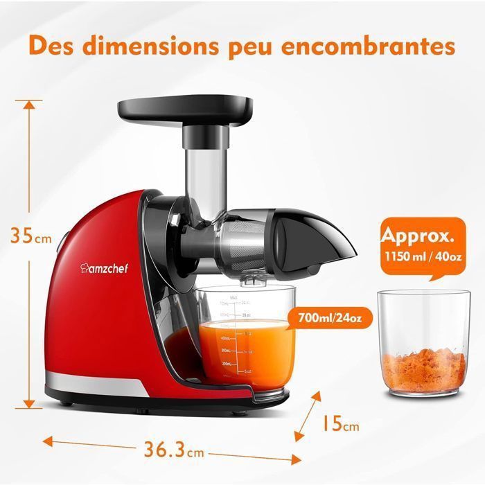 Extracteur De Jus AMZCHEF - Presse à Froid Sans BPA - 4 En 1 Avec 2 Tasses Et Brosse