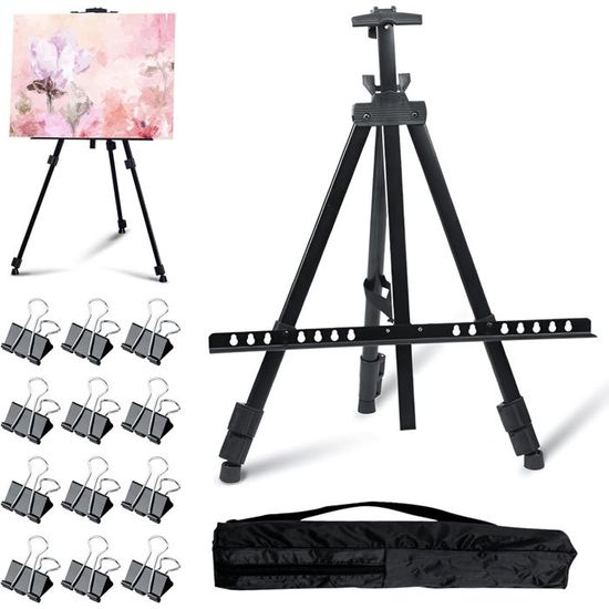Chevalet Peinture Aluminium 55-145CM avec 12 Pince à Double Clip et Sac