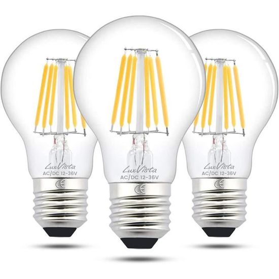 Ampoules Led E27 Basse Tension AcDc 12V24V Blanc Chaud 3000K 6W 600Lm A60 Lampe À Filament À