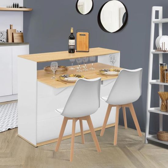 Table De Bar AMERI Pour 2 Personnes - Bois Et Blanc Avec Placard Et Range-bouteilles | Dimensions 100x48x103 Cm, à Monter