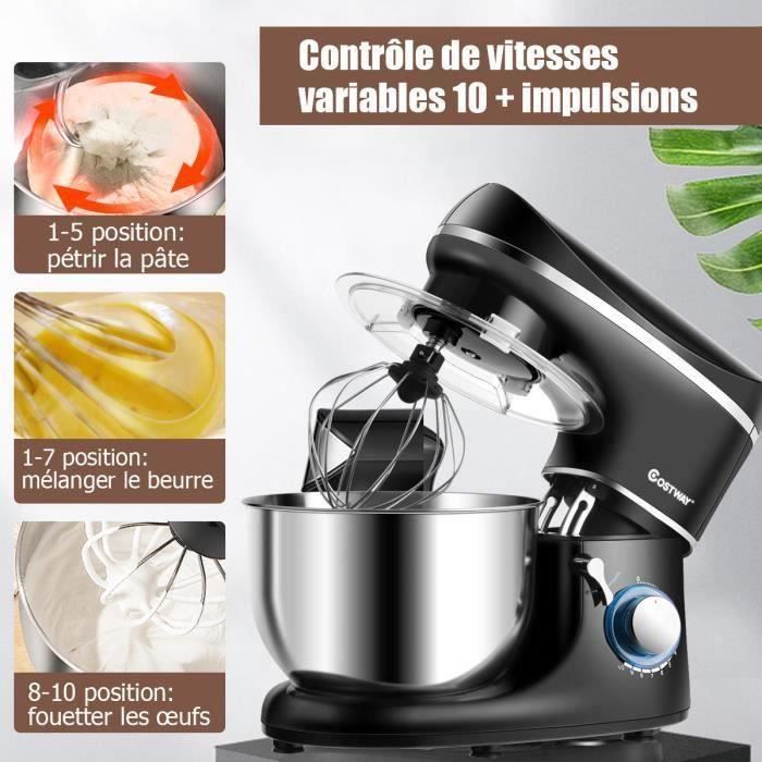 COSTWAY Robot Pâtissier Multifonctions1300W Batteur Electrique Bol 5,5L en Inox 10 Vitesses Réglables avec Fouet,Crochet à Pâte Noir