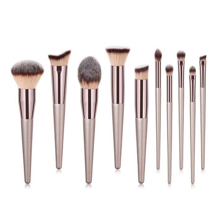 10 pièces / ensemble de pinceaux de maquillage Champagne pour fond de teint cosmétique poudre fard à paupières kabuki mélange
