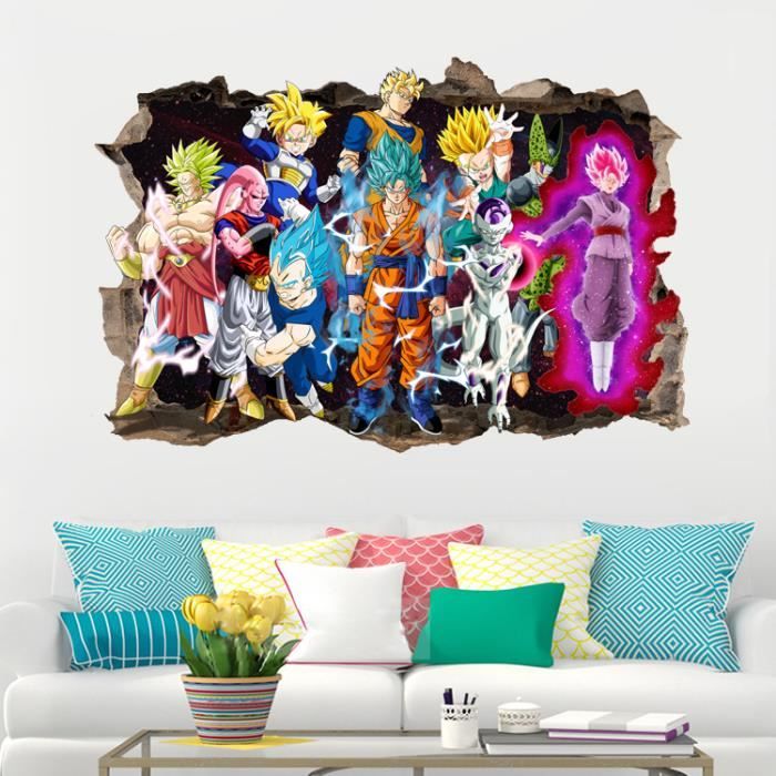 Autocollants muraux 3D de Dragon Ball dessin animé trou Sun Guko Super Saiyan imperméables décorative papier peint 60x90cm