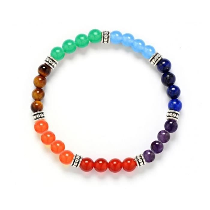Bracelet 7 chakras, pierres fines 6mm et perles argentées. Livraison gratuite ! Multicolore
