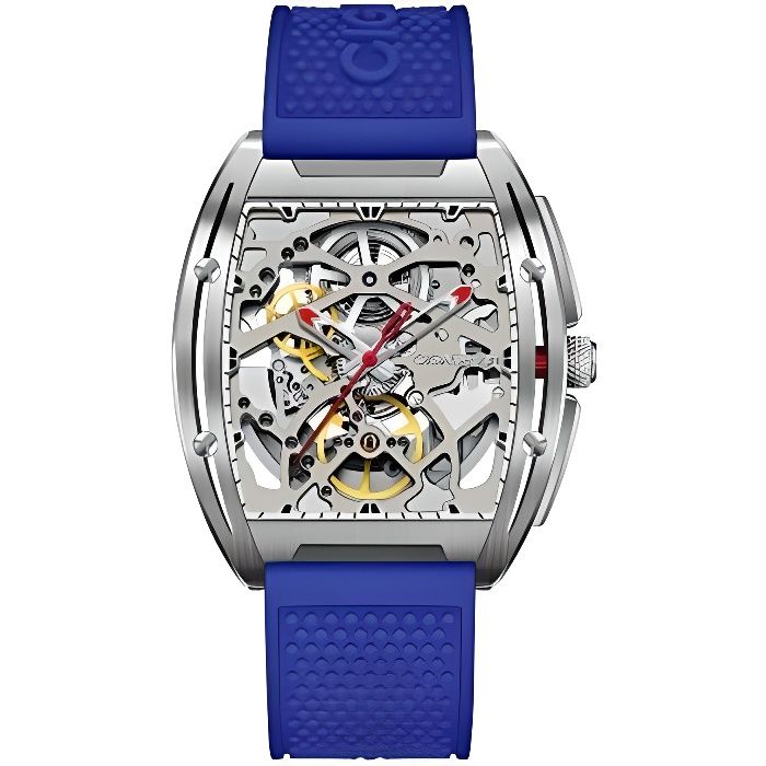 Montre Homme Automatique Squelette Mécanique Analogique 3ATM Boîtier en Acier Inoxydable Bracelet en Silicone Montre Cadran Tonneau