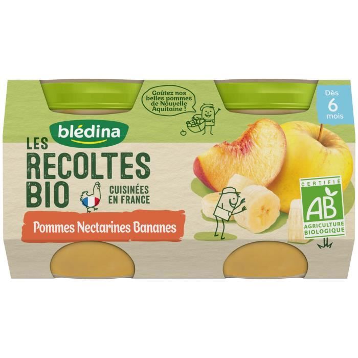 Blédina Les Récoltes Bio Pot Compote Pommes Nectarines Bananes +6m 2 x 130g
