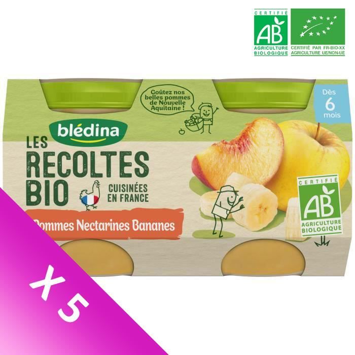 Blédina Les Récoltes Bio, Petits pots pour bébé bio - Dès 6 mois - Pommes Nectarines Bananes - Lot de 5 x 260 g