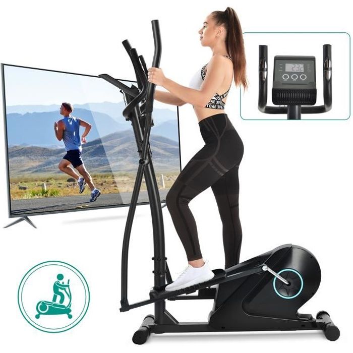 Vélo elliptique, masse d'inertie 12 kg, 8 niveaux de résistance, avec écran LCD, support tablette, noir