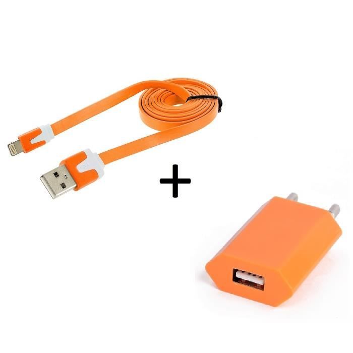 Cable Noodle 1m Chargeur + Prise Secteur pour IPHONE 7 Plus APPLE USB Lightning Murale Pack - Couleur:ORANGE