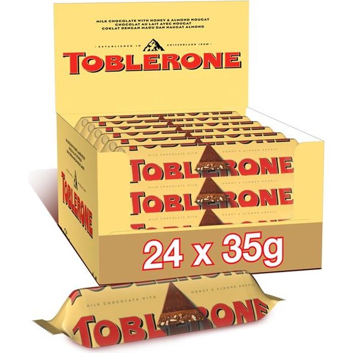 Toblerone - Barre au Chocolat au Lait Suisse, Miel, Nougat et Amandes - Format Familial - Pack de 24 barres (35g)