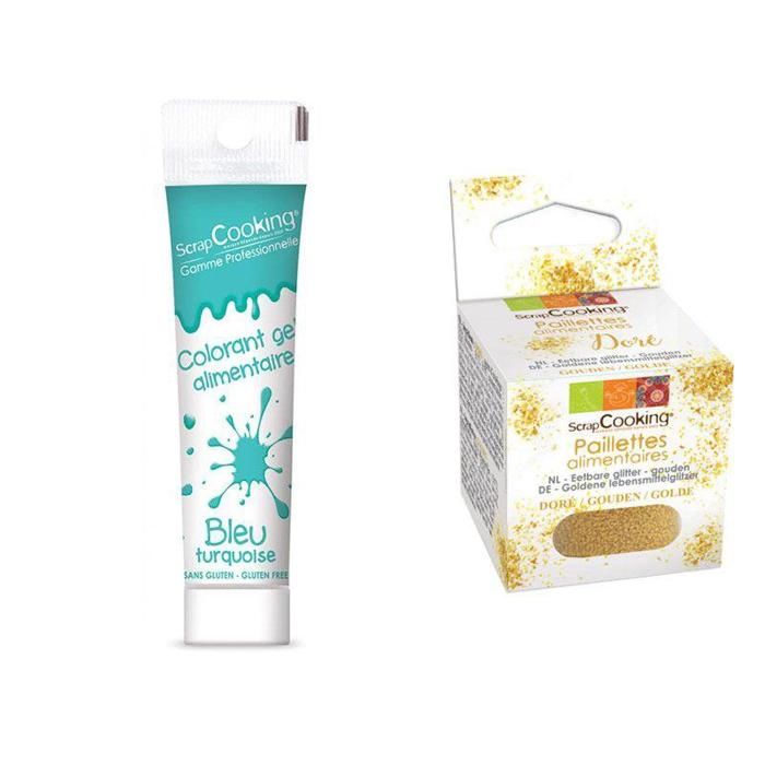 Gel colorant alimentaire bleu turquoise + paillettes dorées