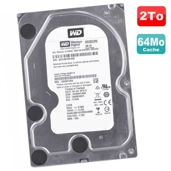 Disque Dur 2 To SATA III 3.5- WD WD20EURX-14T0FY0 Recertified 6Gbps 5400RPM 64Mo