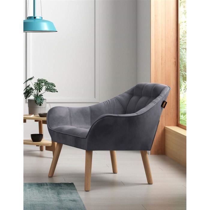 Zons Anthracite, Oslo Fauteuil Une Place en Velours-Suedine-Tissus Gris, Style scandinave Pieds en Bois