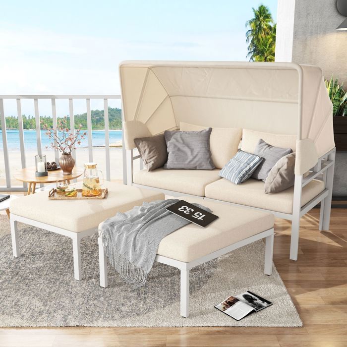 salon de jardin,lit de jardin extérieur - pare soleil réglable - ensemble meubles de jardin - bain de soleil - lounge - beige