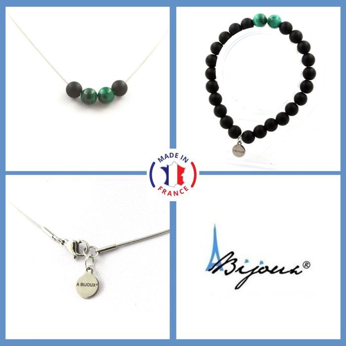 Collier Femme Perles D'Onyx Noir Et Malachite 8 Mm - Chaîne Acier, Fabriqué En France